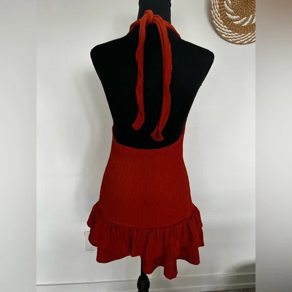 Knot-Strap Rust Mini Dress with Ruffle Hem - Picture 2 of 2